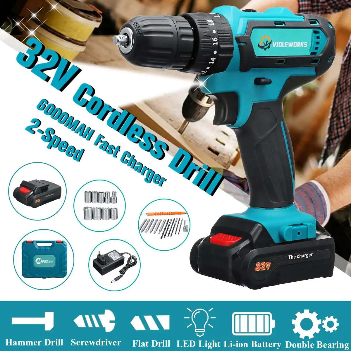 

32V 3 in 1 Cordless Electric Screwdriver Drill Hammer Variable Speed Cordless Impact Drill With 1/2 Battery 38Nm Torque Max