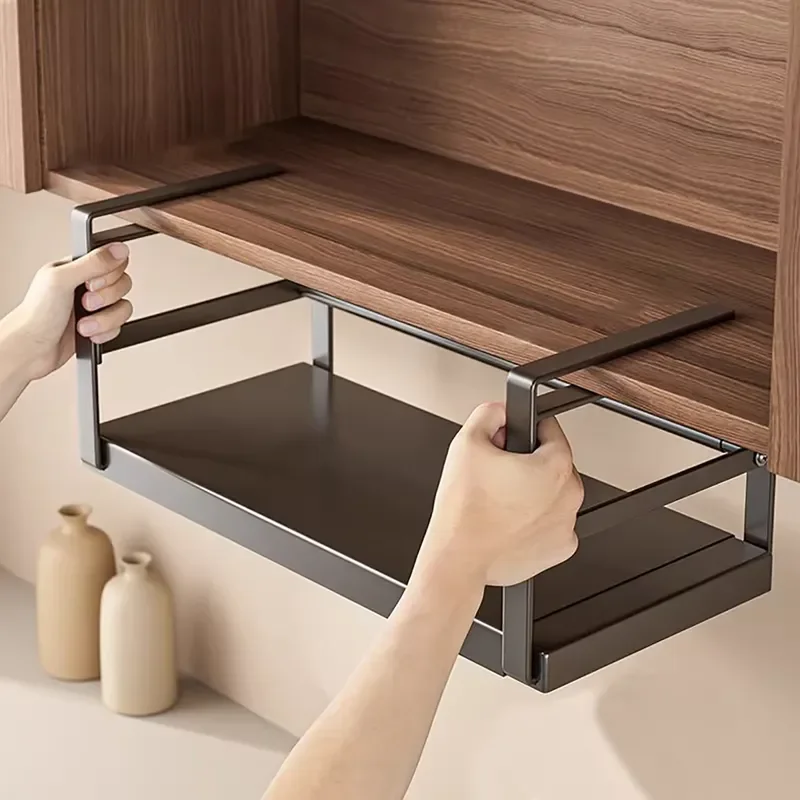 Under Cabinet Hanging Rack for Kitchen Storage No Drill Plastic Wrap Holder Seasoning Bottle Organizer Space Saving Shelf