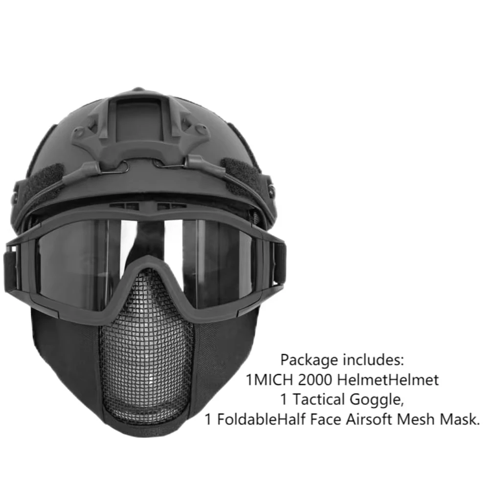 MICH Airsoft Helmet & Half Face Mesh Mask Set Tactical Helmet with Side Guide Rail Airsoft Goggles for Outdoor Paintball Hunting