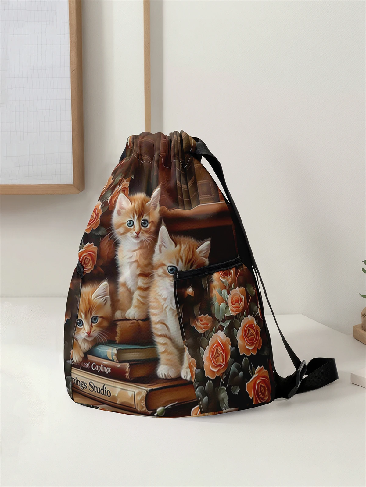 حقيبة ظهر برباط مطبوعة بنمط قطة لطيفة - حقيبة لياقة بدنية متينة ذات سعة كبيرة، حقيبة ظهر رياضية للشاطئ