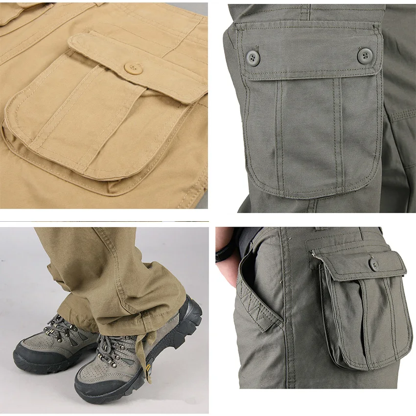 Pantalones Cargo con múltiples bolsillos para hombre, prendas de vestir tácticas de algodón para exteriores, color caqui, Pantalones rectos