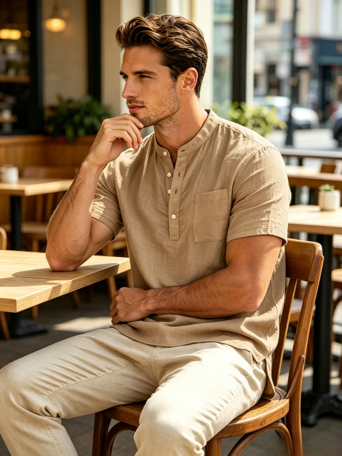 Men's Premium Linen Blend Henley Shirt, Mandarin Collar & Chest Pocket, Elevated Casual & Resort Wear