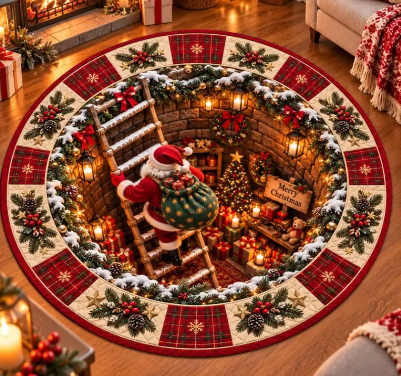2D Illusion Santa Christmas Rug, Santa Workshop Underground Round Rug, Christmas Ladder Floor Mat Holiday Carpet,Xmas Home Decor