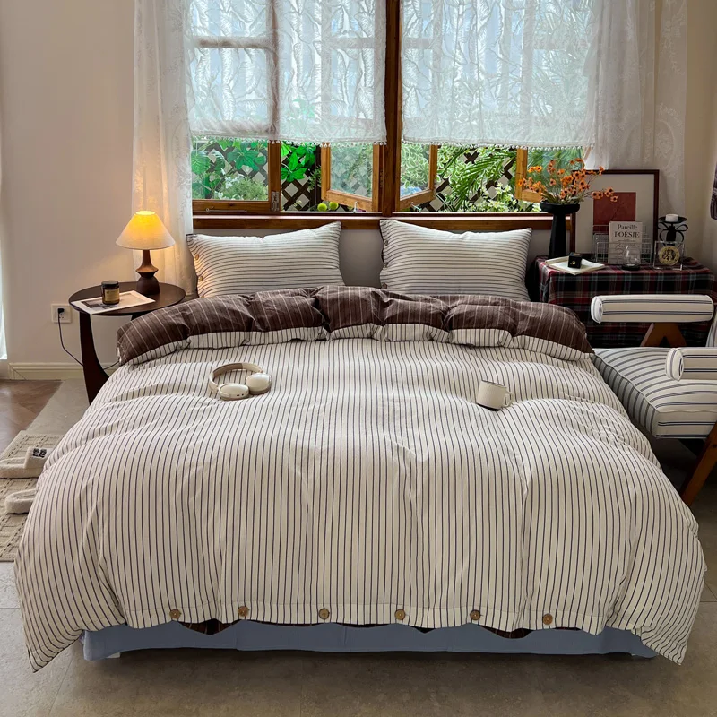 100% Washed Cotton Bedding Set Striped Duvet Cover Bed Sheet Pillowcase with Button Closure Puff Seersucker Bed Linen Bedsheet