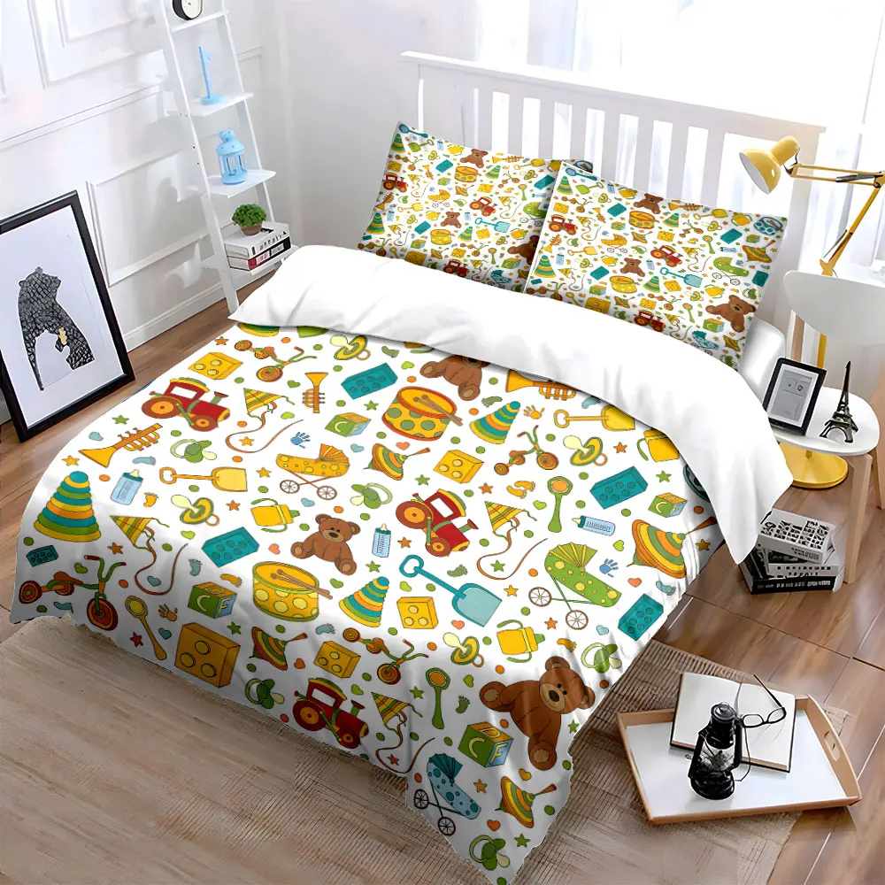 3Pcs Colorful Baby Toy Doodle Bedding Set, Kids Nursery Repeat Print Duvet Cover 2 Pillowcases Single Double King Queen, Gift