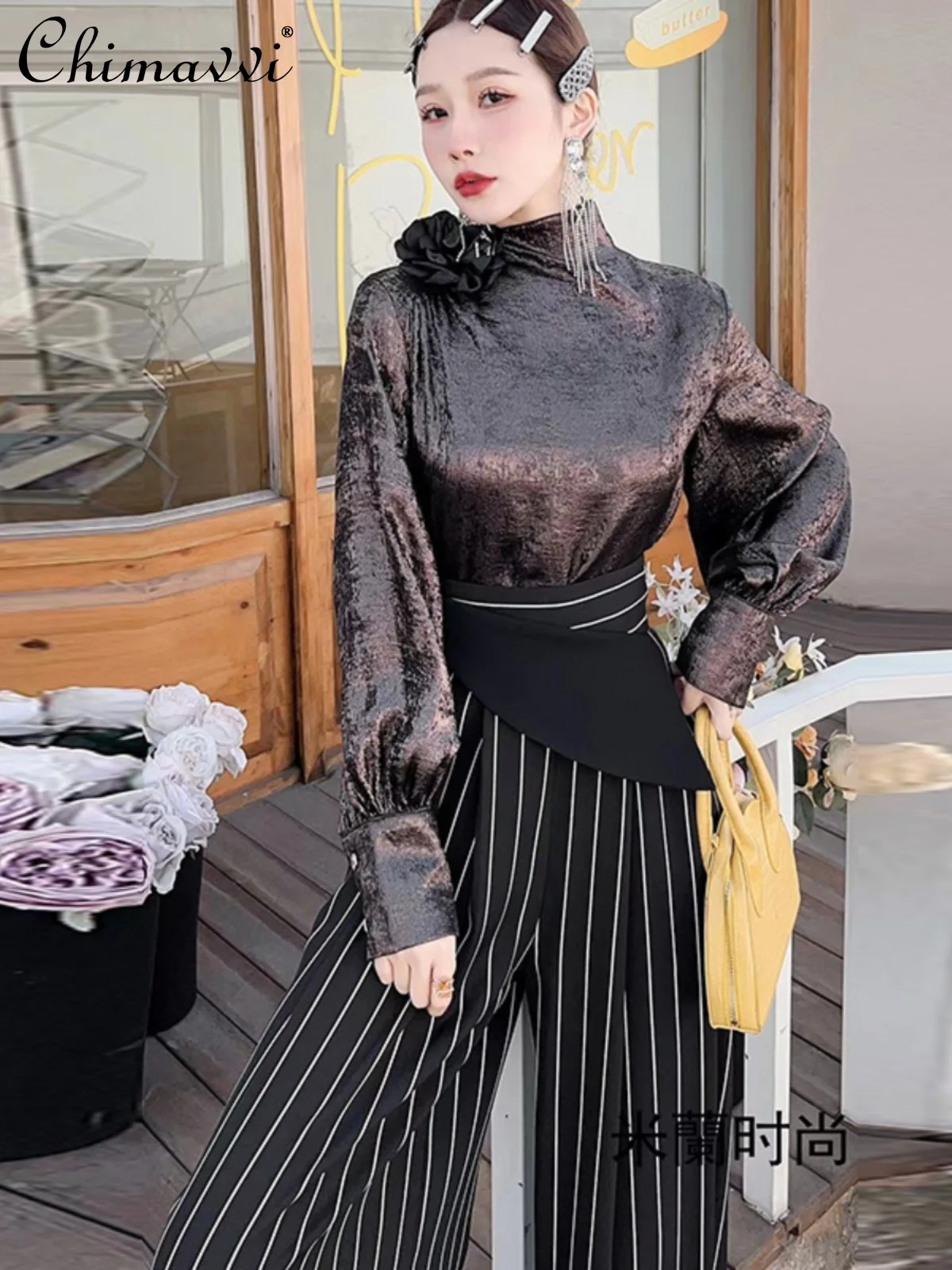 

Spring 2024 Women Clothing Set Hot Dyed Corsage Long Sleeve Stand Collar Top High Waist Wide Leg Pants Outfits Two-Piece Sets