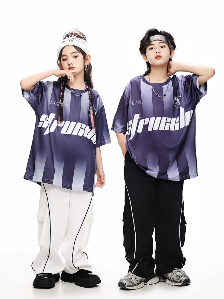 

Kid Hip Hop Clothing Navy Blue Striped T Shirt Top Black White Casual Pocket Cargo Pants for Girl Boy Jazz Dance Costume Clothes