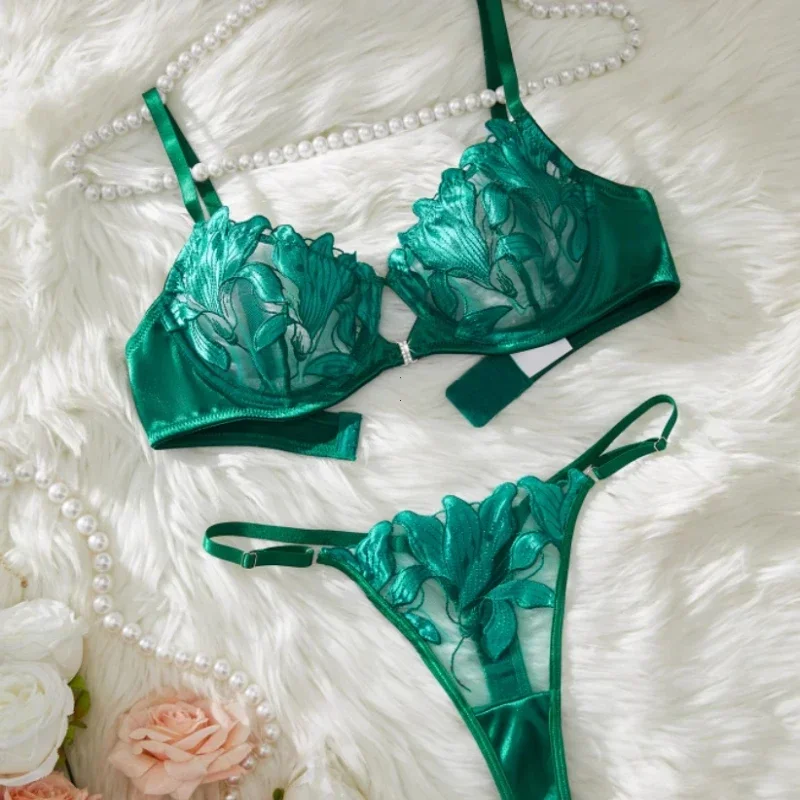 Sexy Lingerie Set Women Transparent Bralette Underwire 2 Piece Bra Floral Embroidery Push Up Bra Panty and Panty Set Underwear
