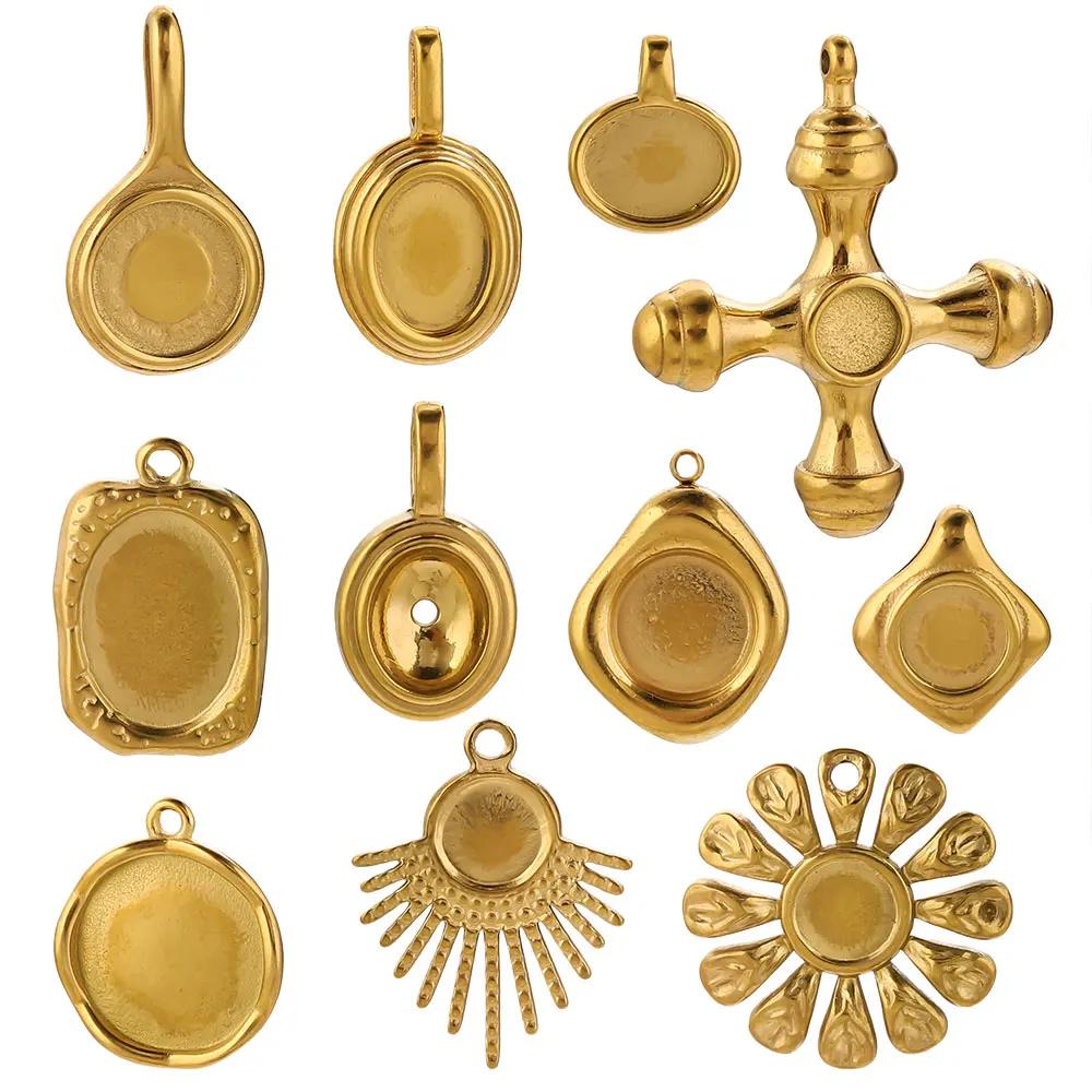 4-5PCS Stainless Steel Gold Charms Round Oval Bezel Charm Pendant Trays Blank Cabochon Base for DIY Jewelry Making Supplies