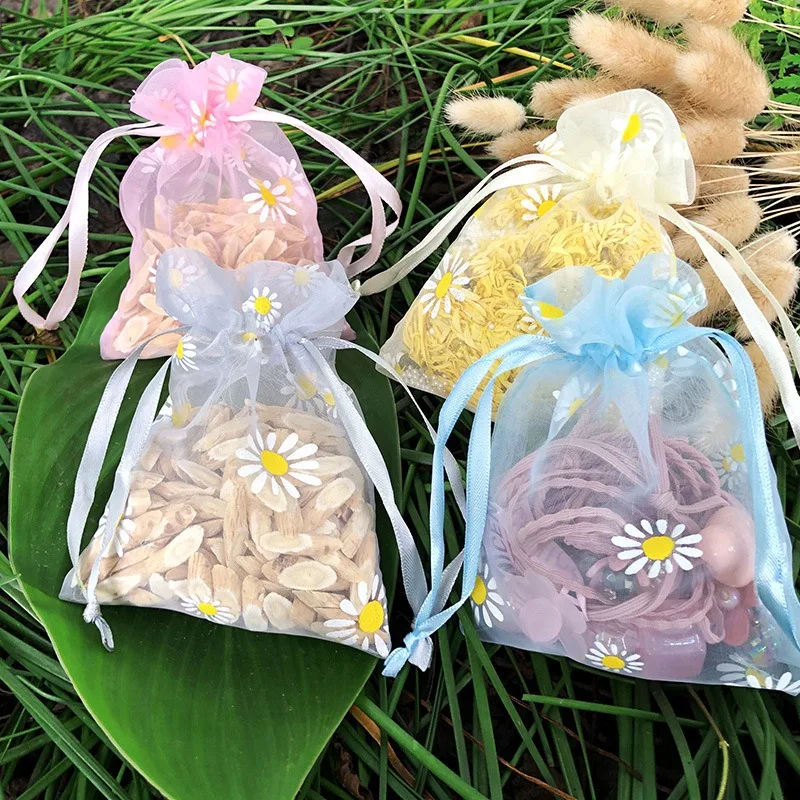 

5pcs Drawstring Gift Small Hole Lace Bag Daisy Wedding Candy Jewelry Souvenir Bags for Guests Ornaments Storage Packing Box