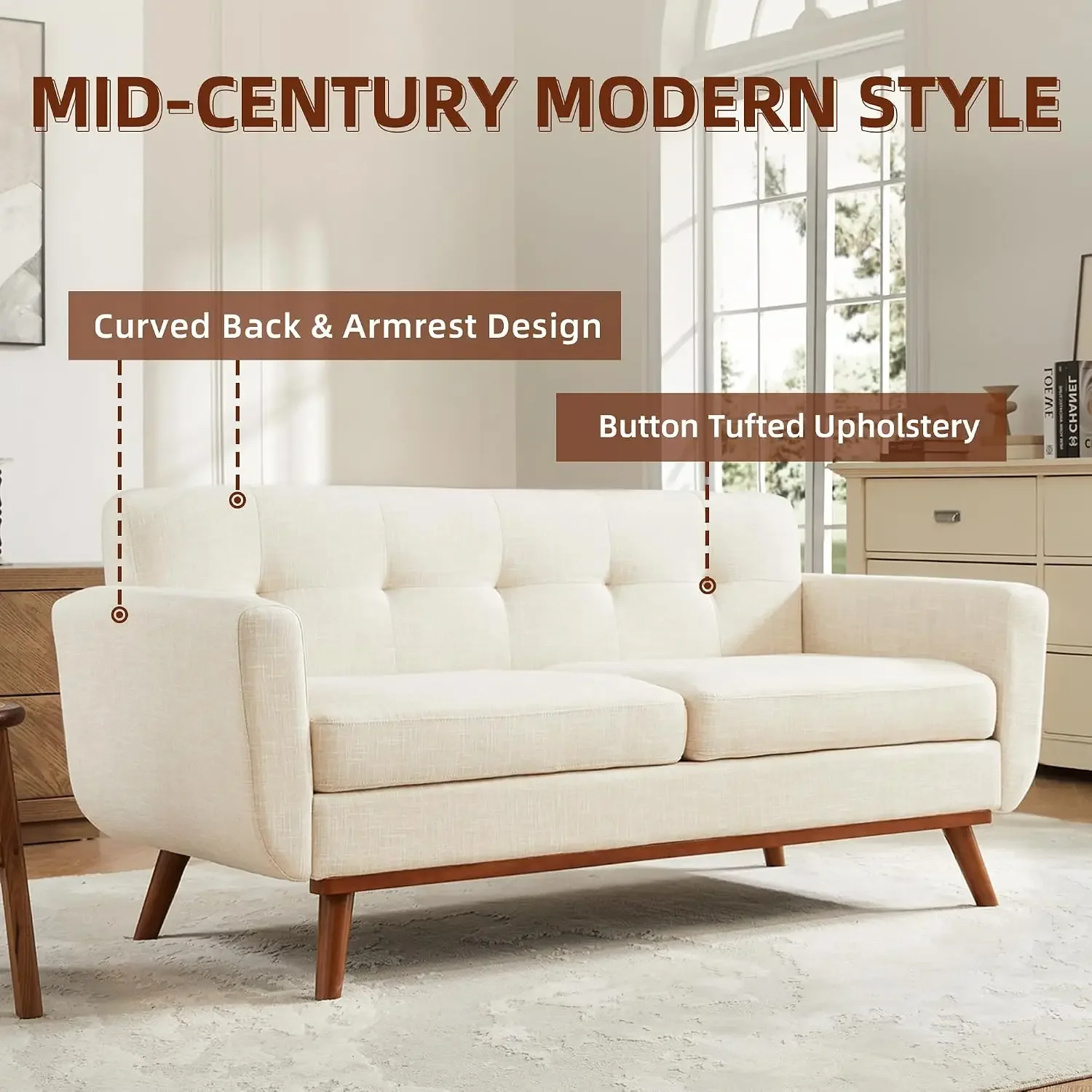 65.2" W Loveseat Sofa, Mid Century Modern Decor Love Seat Couches for Living Room, Button Tufted Upholstered Furniture, Easy to - view 6
