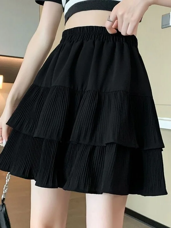 White Pleated f Skirt Women's High WaistDra Cake ort SkirtA Line Fluffy Skirt Commuting Sle Korean Version with Li...
