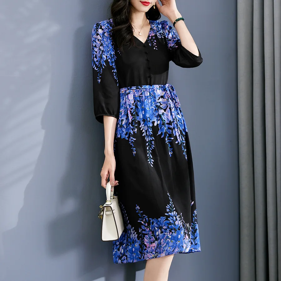 Birdsky, 1PC Women dress V neck cloth button A line waist belt 7 sleeve mid calf 100% real mulberry silk flower print, S-704