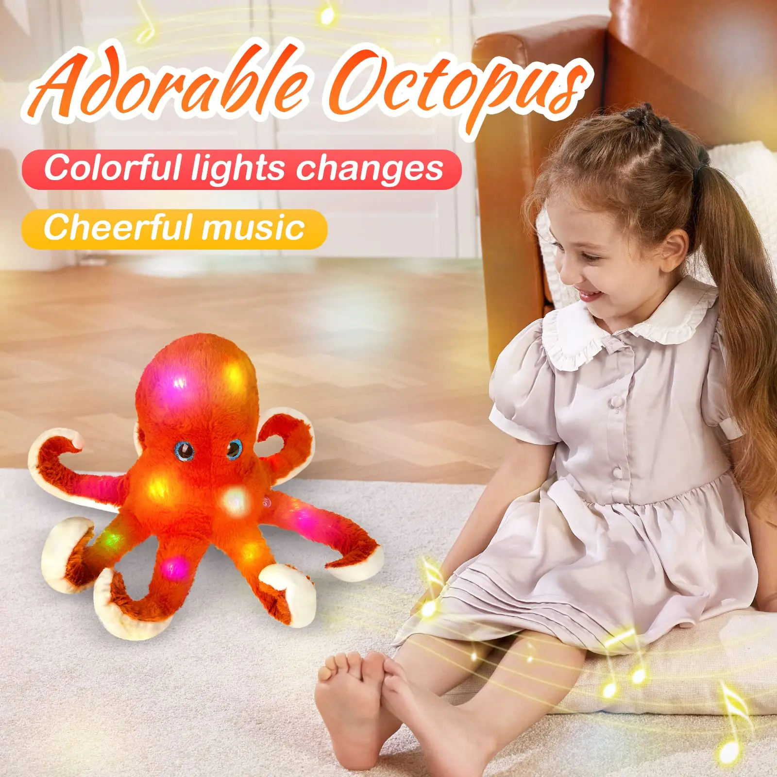 45cm Red Cute Octopus Doll Cotton Plush Toys LED Light Luminous Pillows Glowing Stuffed Animals Musical Gift for Kids Birthdays