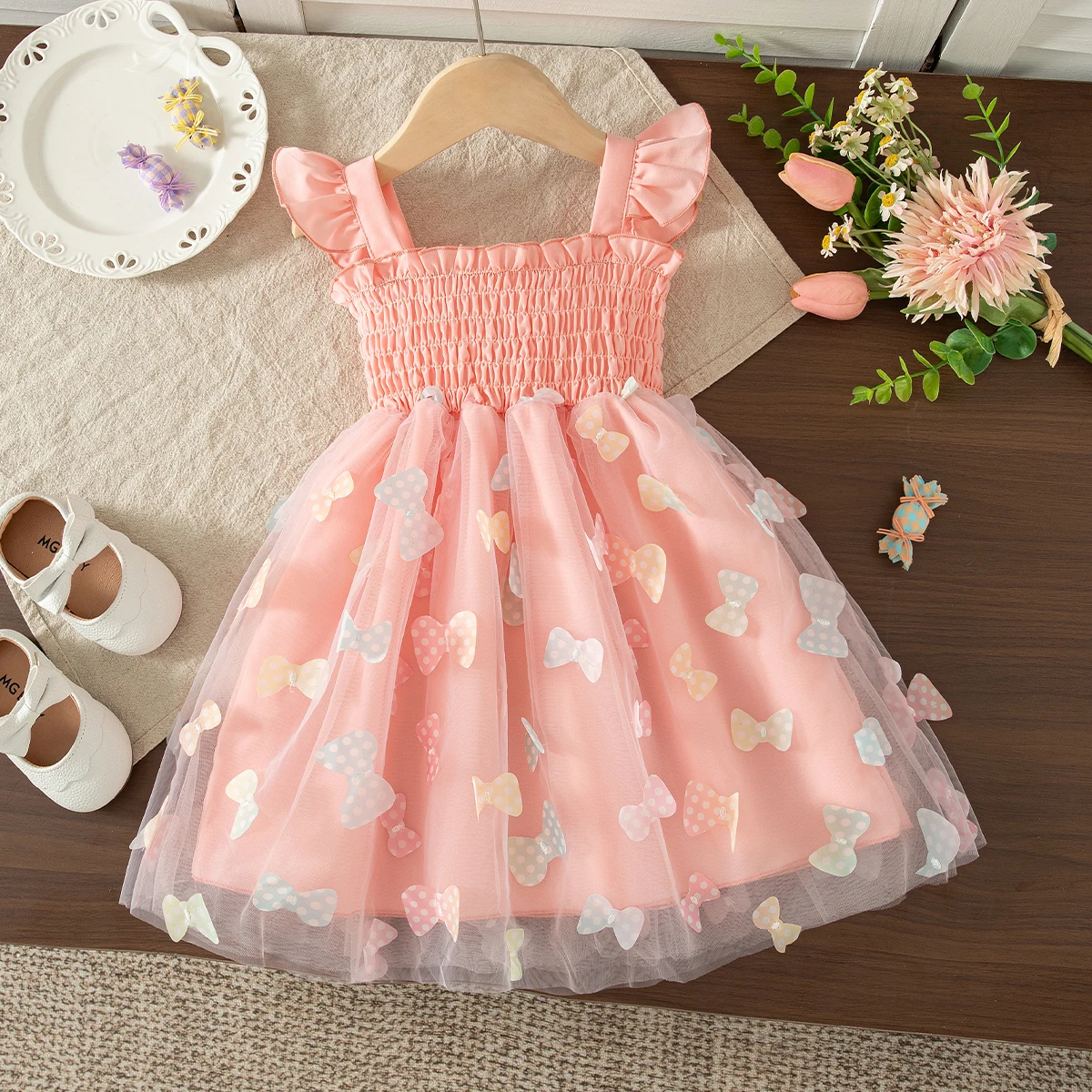 Toddler Girl Princess Dress Bow Decor Suspender Pink Tulle Dress Sweet Summer Outfit for Girsl 1st Birthday Party
