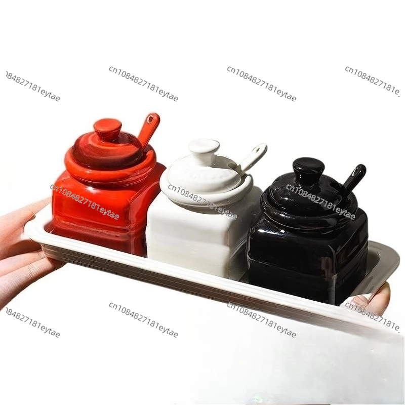 

European Style Kitchen Spice Organizer Creative Ceramic Spice Jar with Spoon Gift Box Set Jam Storage Jar with Lid Spice Rack