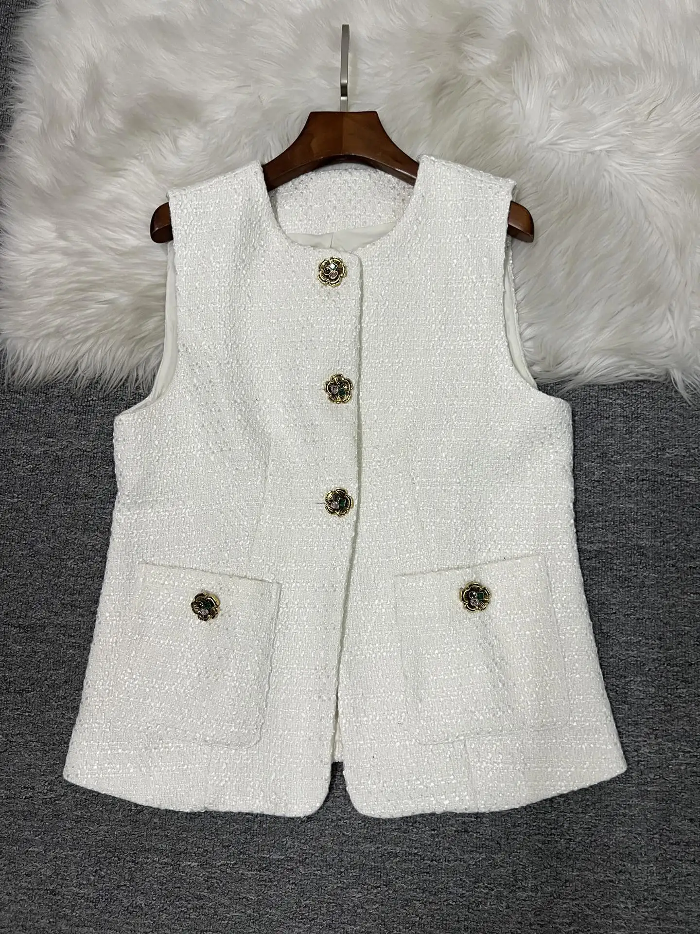 ZJYT Autumn Winter Fashion Women Tweed Woolen Vest Jacket Sleeveless White Tops Elegant Lady Single Breasted Vest Coats Female