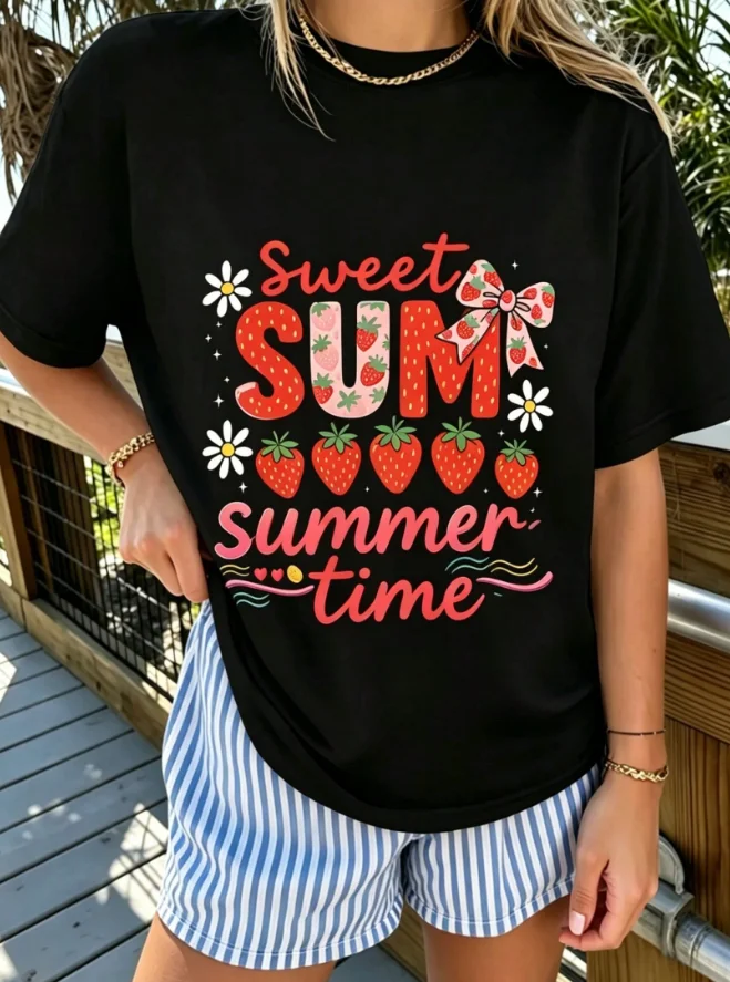 2026 New Fashion Women Crew Neck Black Short Sleeve T-Shirt Sweet Summer Time Cute Strawberry Fruit Graphic Print Summer Vacation Daily Casual Tops Basic Top T-Shirt