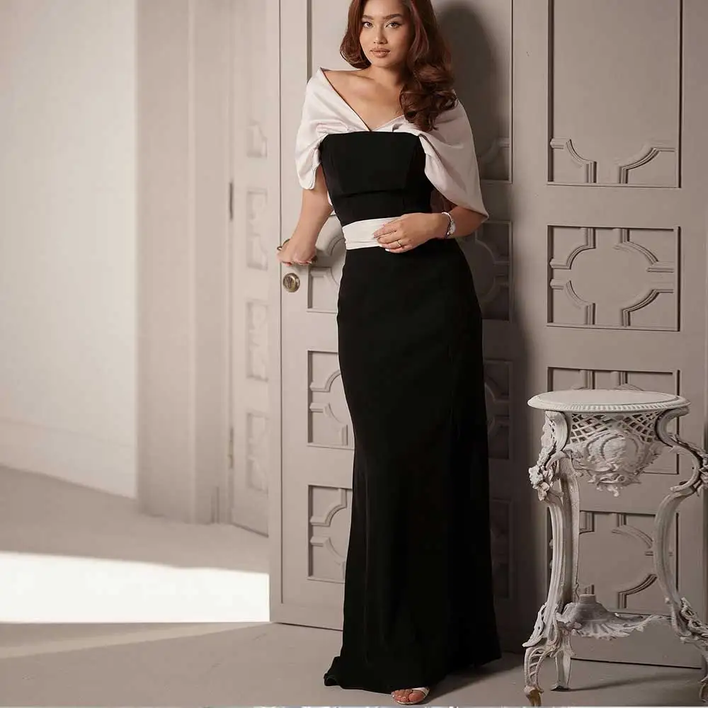 Customized Jersey V-Neck Evening Dress A-Line Patchwork Short Sleeved Draped With Ribbon Sheath Back Zipper Temperament Party Pr