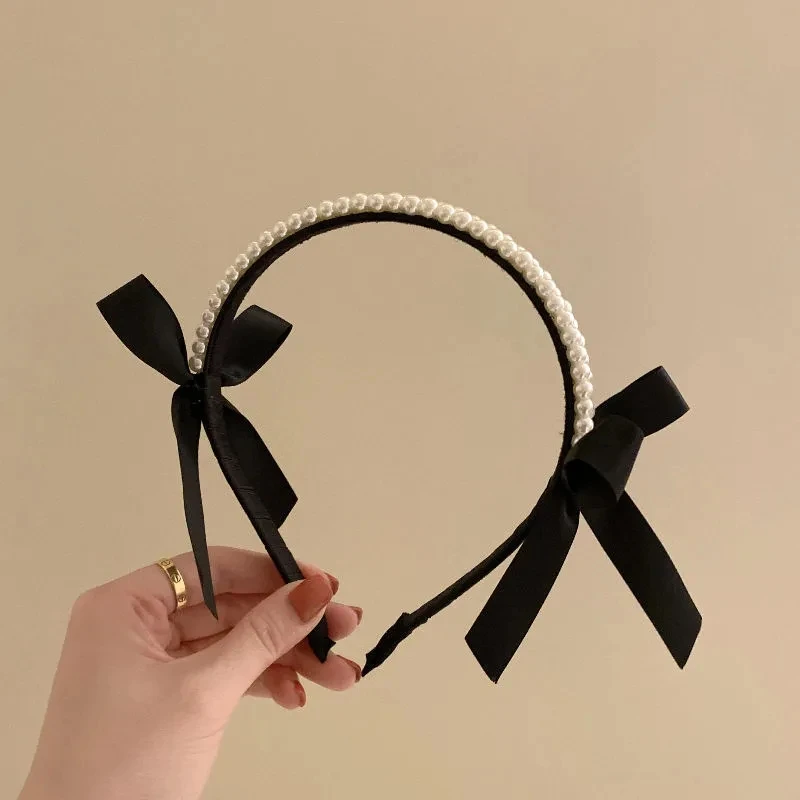 Vintage French Pearls Bow Hair Band For Women Girls Headband Korean Elegant Black Classic Hair Hoop Hair Accessories