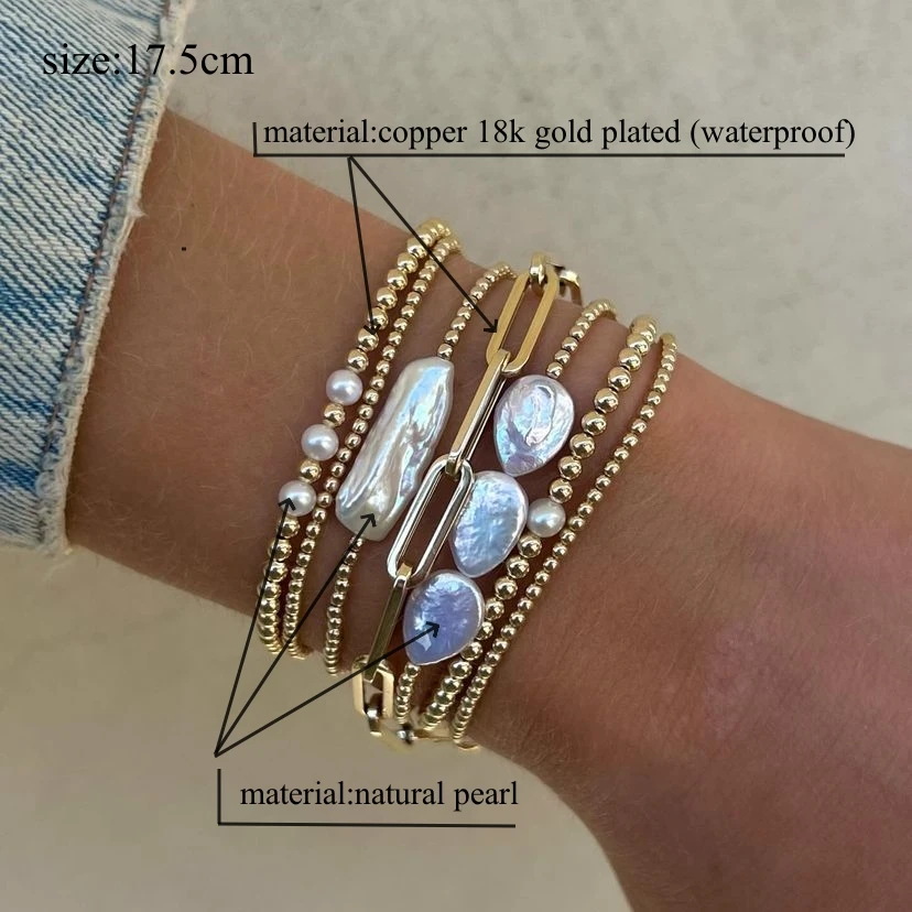 KKBEAD Natural Pearl Bracelet Set Luxury Jewelry Gift 18 K Gold Plated Beads Bracelets for Women Pulseras  Gold Jewellery