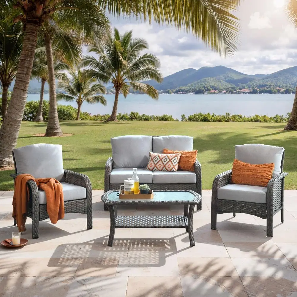 

Grey Outdoor Patio Furniture Set with Coffee Table, Wicker Sofa with Cushions, Suitable for Deck and Poolside
