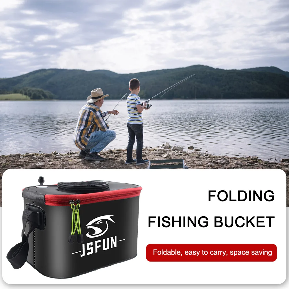 EVA Fishing Bucket Carrying Handles Collapsible Live Fish Bucket with Side Pockets and Zipper Live Fish Box for Travel Camping