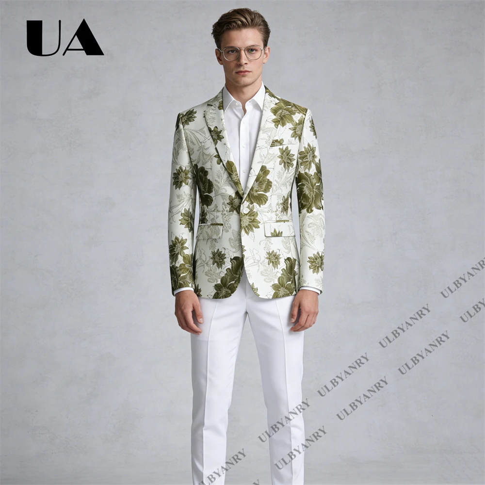 ULBYANRY Men’s Black Base Green Flower Embroidery Satin Peak Lapel Slim Fit Blazer for Prom Party (Size M - 6XL) Wedding Guest