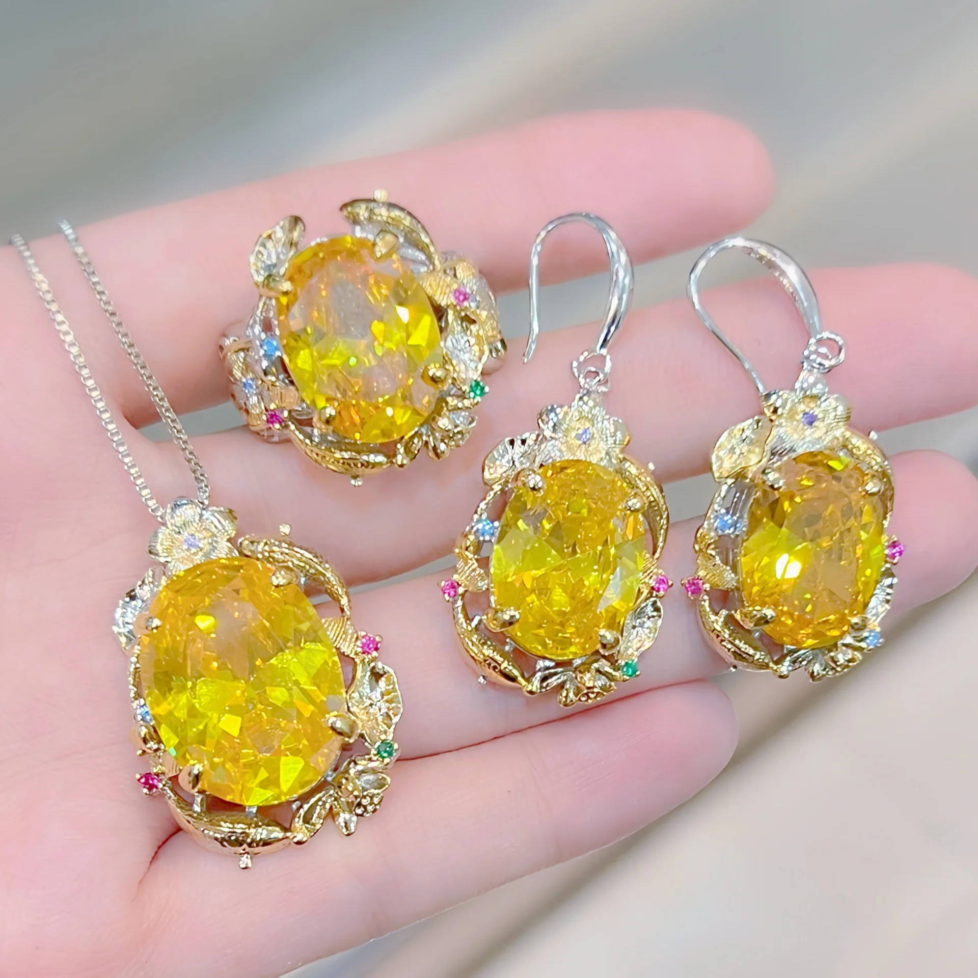 Sparkling Luxury Crystal Oval Pendant Necklace Women Jewelry Set Trendy 925 Silver Hooks Earrings For Lady Birthday Gift