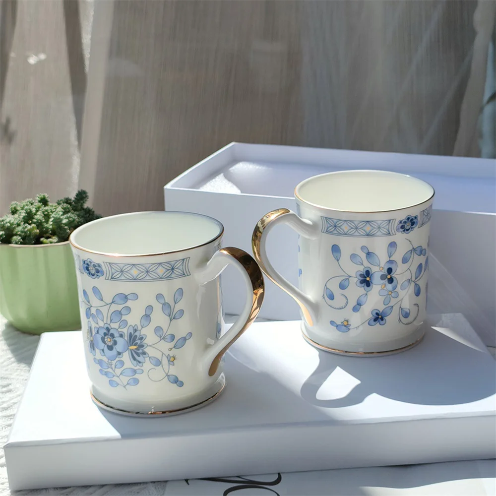 Blue and White Bone china Couple Mug Gold Trimmed Porcelain Tea Cups 2PCS Gift Box Water Mug for Household Ceramic Drinkware
