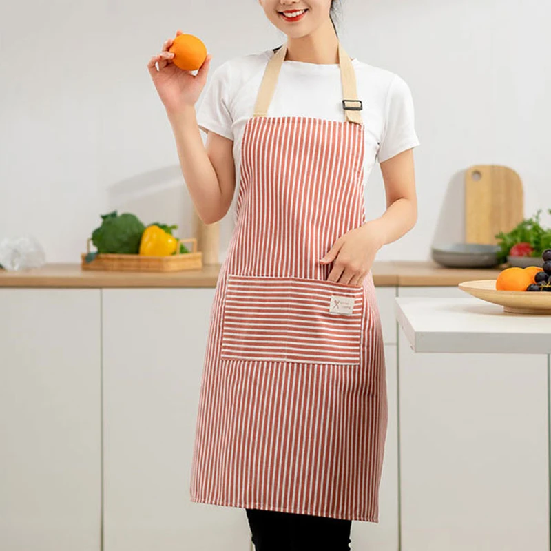 Hemp Apron Striped Cotton Household Japanese Aprons For Cleaning Cooking Baking With Large Pocket Cute Women\'s Apron Overalls