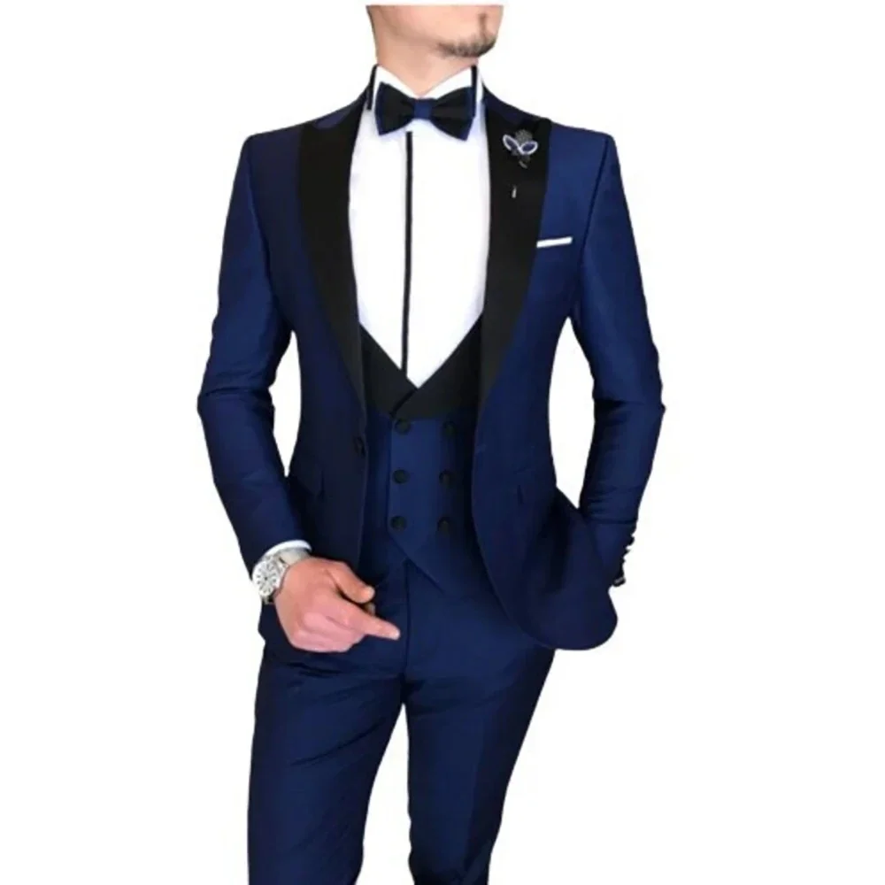 

Customized Men Suits navy Blue Blazer Black Peak Lapel Single Breasted 3 Piece Jacket Pants Vest Slim Formal Wedding suits