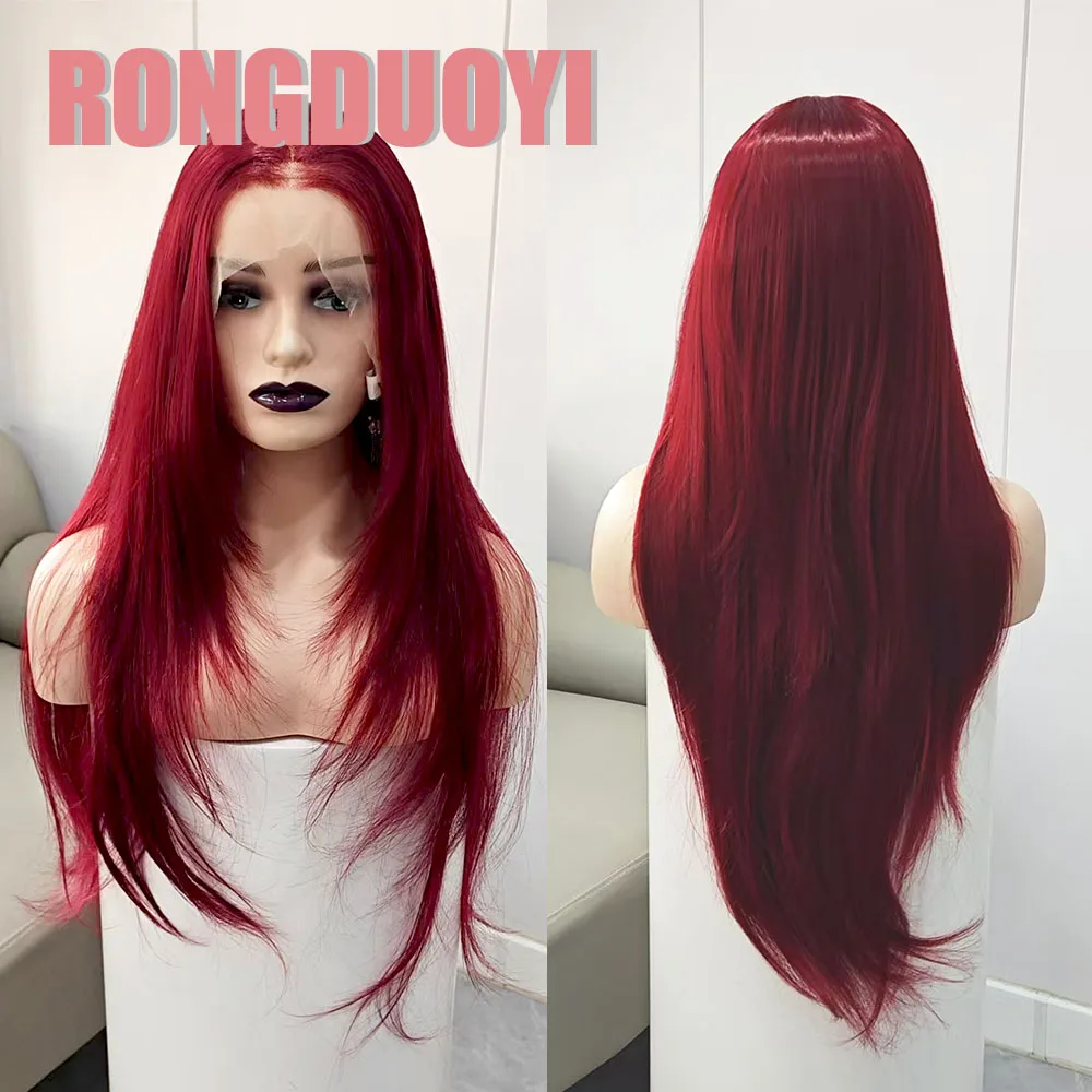 RONGDUOYI Burgundy Layered Haircut Synthetic Wig Natural Wavy Heat Fiber Lace Front Wigs for Women Makeup Cosplay Burgundy Hair