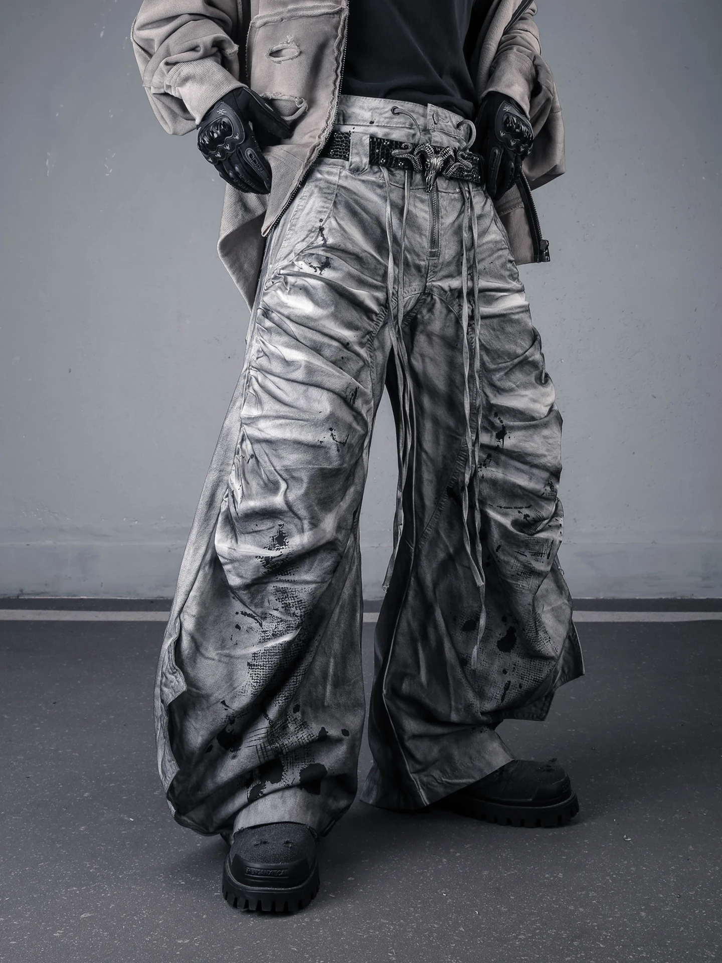 Desert Wasteland Style Loose Wide Leg Pants Double Waist Design Splashed Ink Dyed Knife Blade Shape Casual Streetwear Y2K
