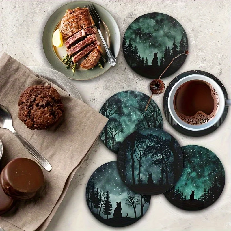 Playful Midnight 2D Woods Dark Feline Motif Wooden Cup Mat Featherweight Heat-Proof Skid-Resistant Workplace Household Decor