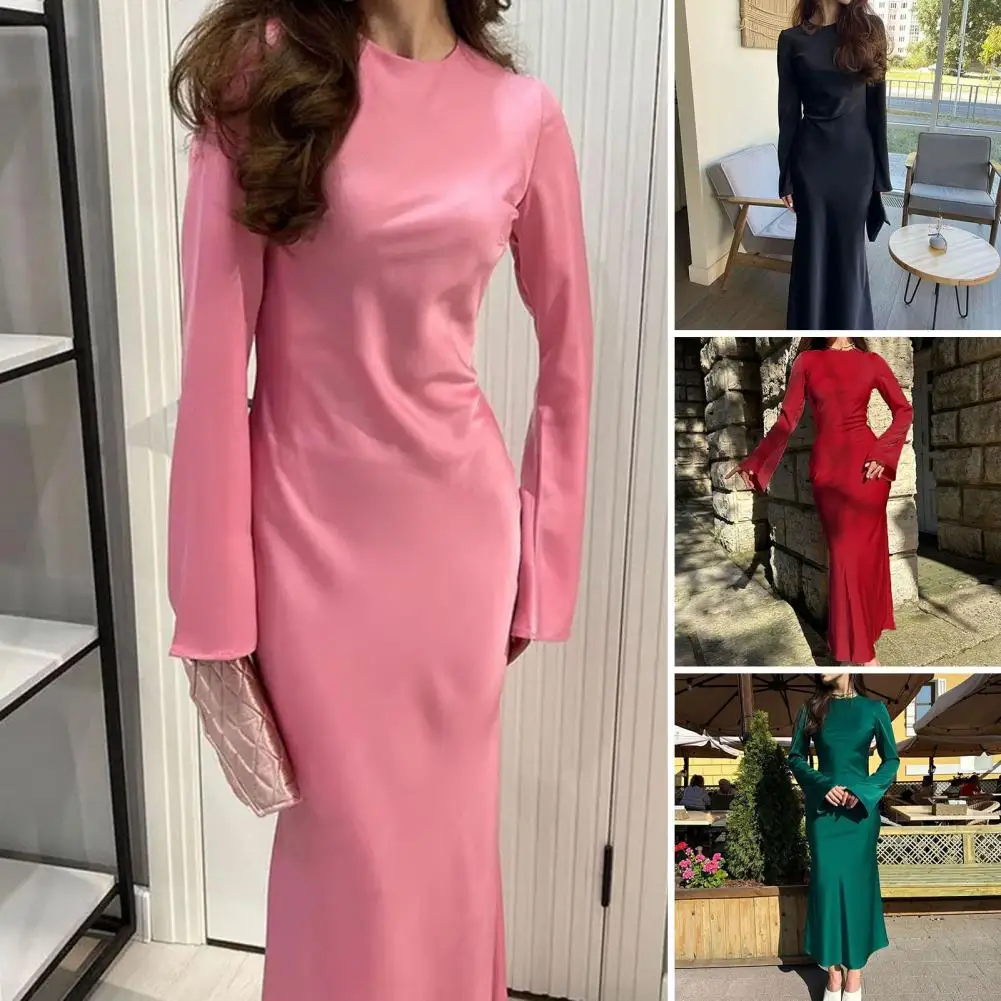 

Slim Fit Maxi Dress Chic Women's Spring-fall Maxi Dress Elegant Long Sleeve Sheath Style with Soft Waist Ankle Length for Ol