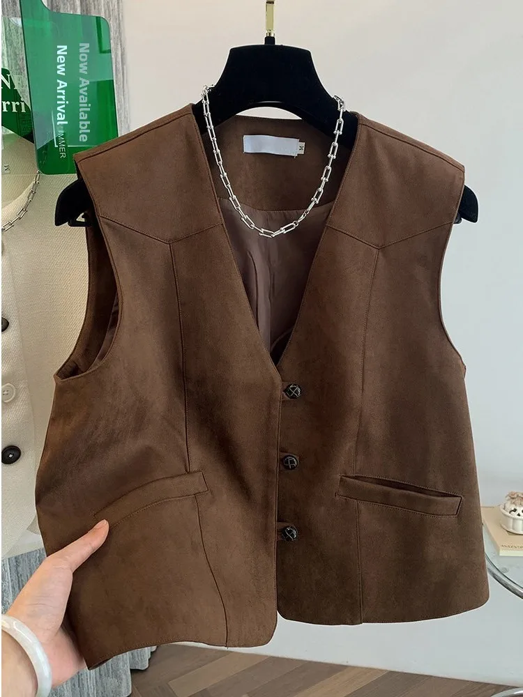 

Ретро кофейный V-ne Jaet Женская верхняя одежда ранней осени Универсальный Гонконгский жилет из кожи оленя Бархатный жилет или длина Si...