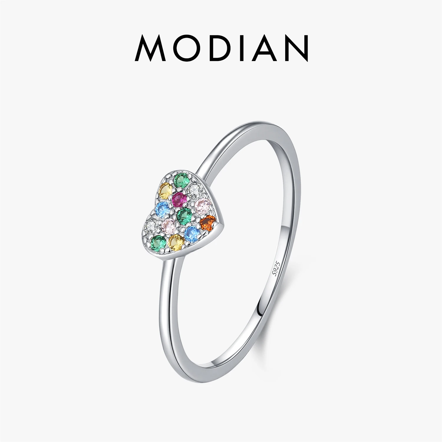 MODIAN Anel de prata esterlina 925 com zircônia cúbica arco-íris, anel delicado e fino empilhável para mulheres, joias românticas de amor