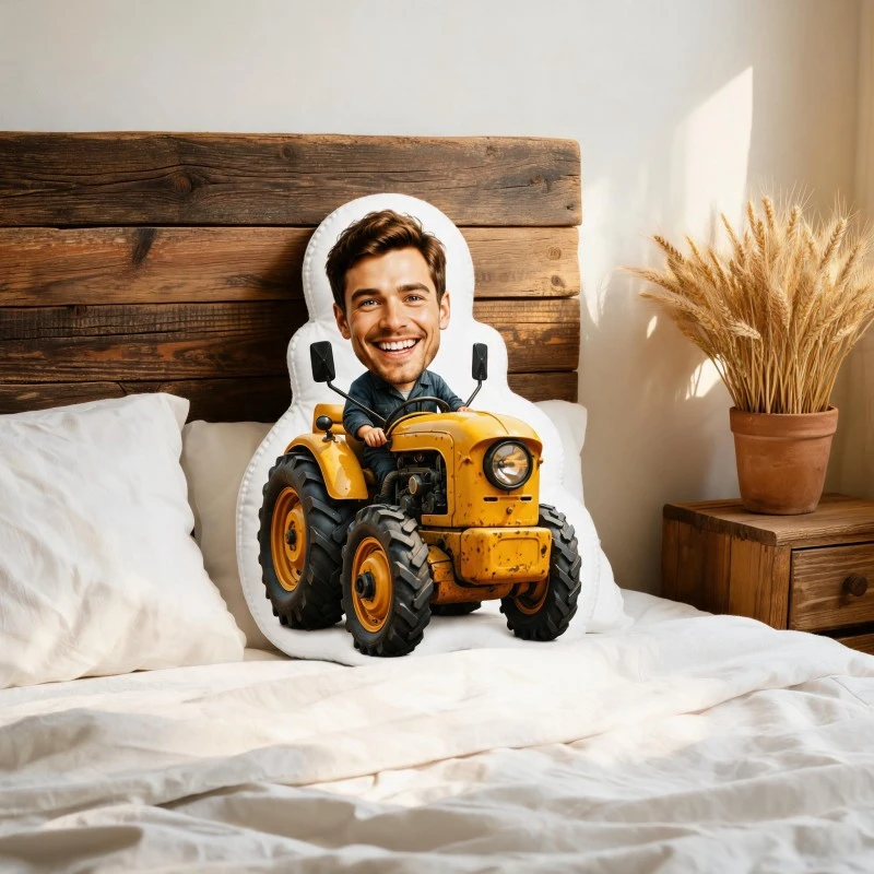 Custom Personalized Photo Face Pillow, Smiling Man Driving Yellow Tractor Custom Shaped Decorative Cushion, Unique Home Decor Ac
