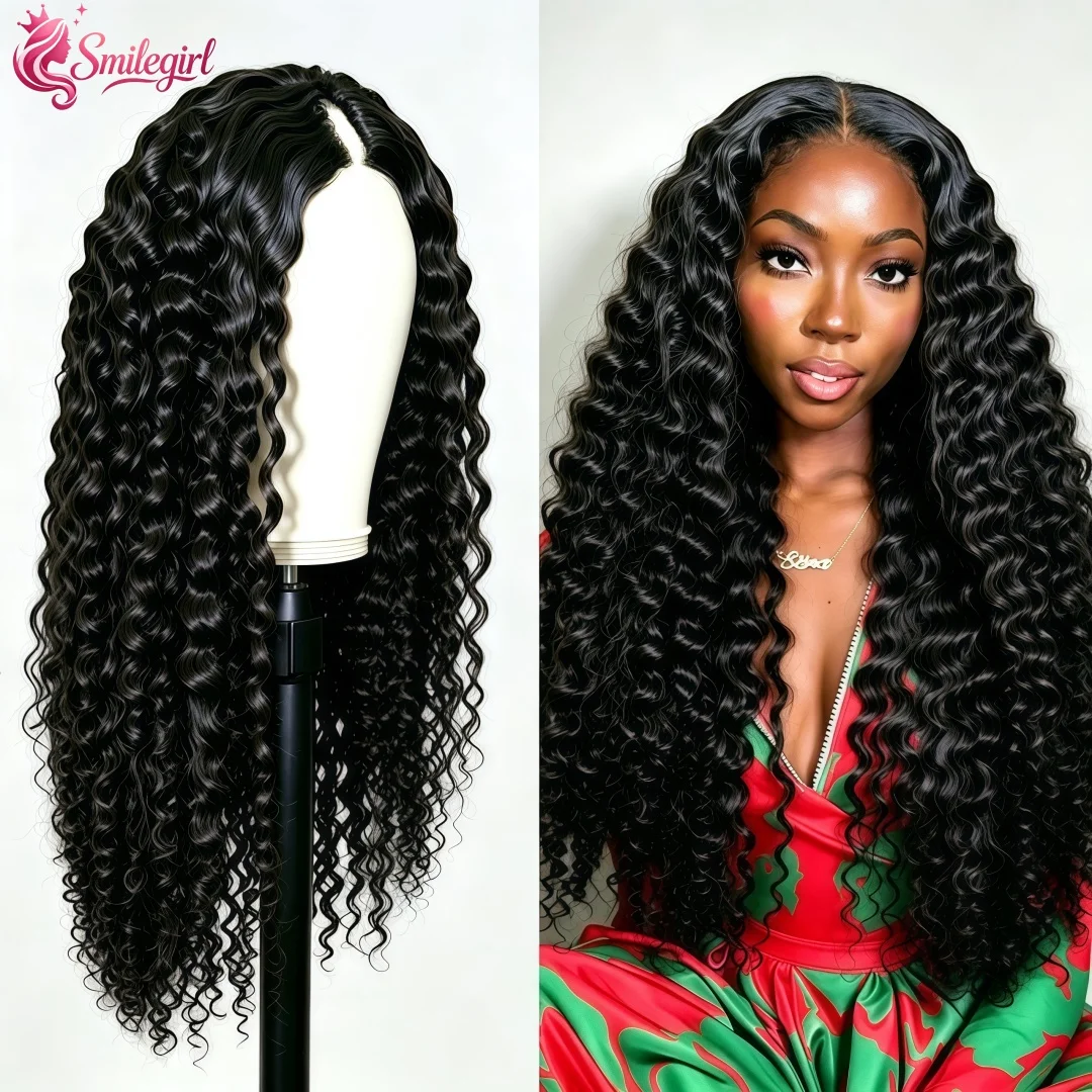 Parrucche con onde profonde a forma di V, realizzate con capelli umani, confezionate a macchina, pronte da indossare, con nodi invisibili, parrucca riccia ideale per principianti, facile da applicare,