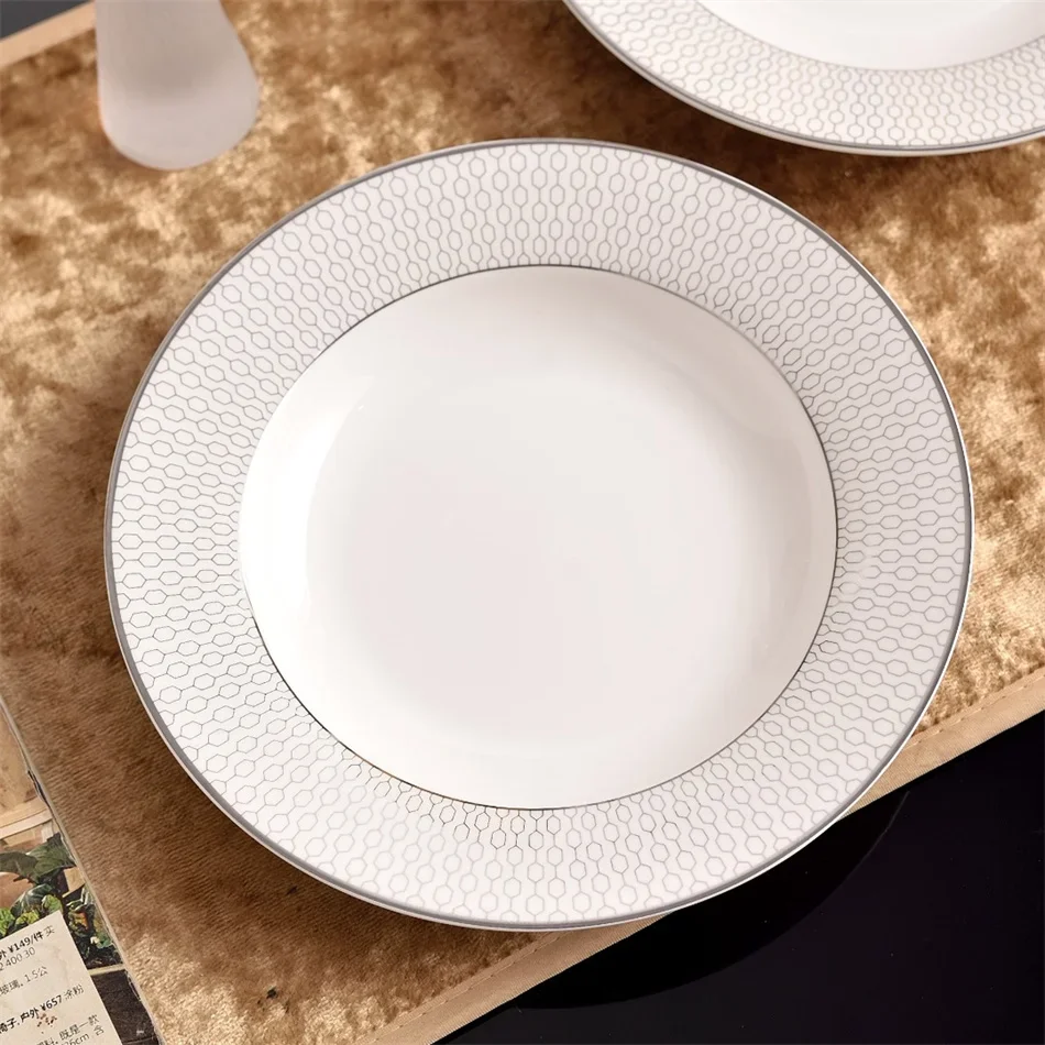 European Silvery Geometric High-end Household 8/10in Dining Plate Light Luxury Bone china Steak Western Plate Kitchen Utensils