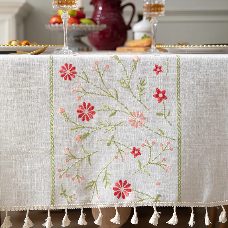 Embroidered Tablecloth Gray Blue Daisy Vine Leaf Pattern Rectangular Linen Cotton Table Cover for Coffee Table, Light Luxury
