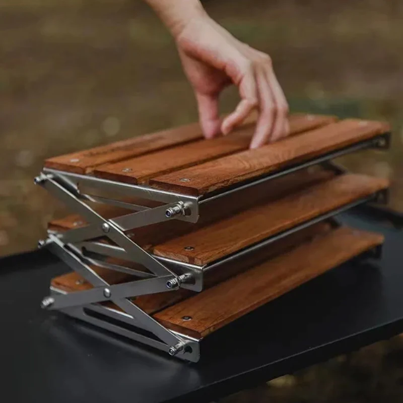 Estante plegable de madera para acampar al aire libre, estante de almacenamiento portátil de 3 etapas, mesa de senderismo de montaña, mesa de centro