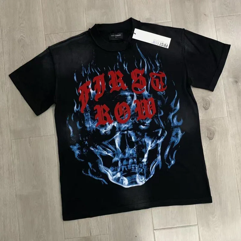 European American Trend FIRST ROW T-shirt Flame Print Fashion Brand Short-sleeved Shirts Tops Unisex