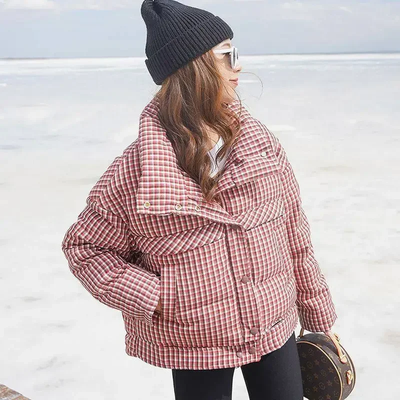 Winter New Thickened Plaid Down Jacket Women's Short Bread Coat White Duck Down Warm Coat