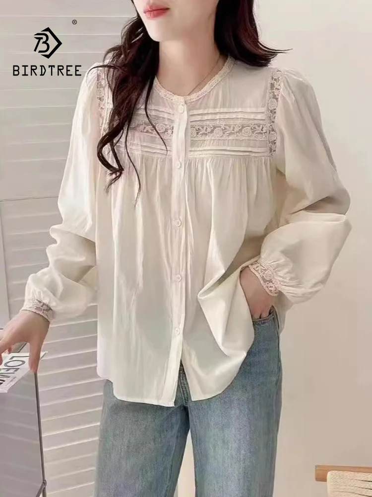 

New Spring Cotton Casual Long Sleeve Shirt Women O Neck Embroidery Jacquard Tops Girl Loose Retro Blouses 2024 Summer T45947QC