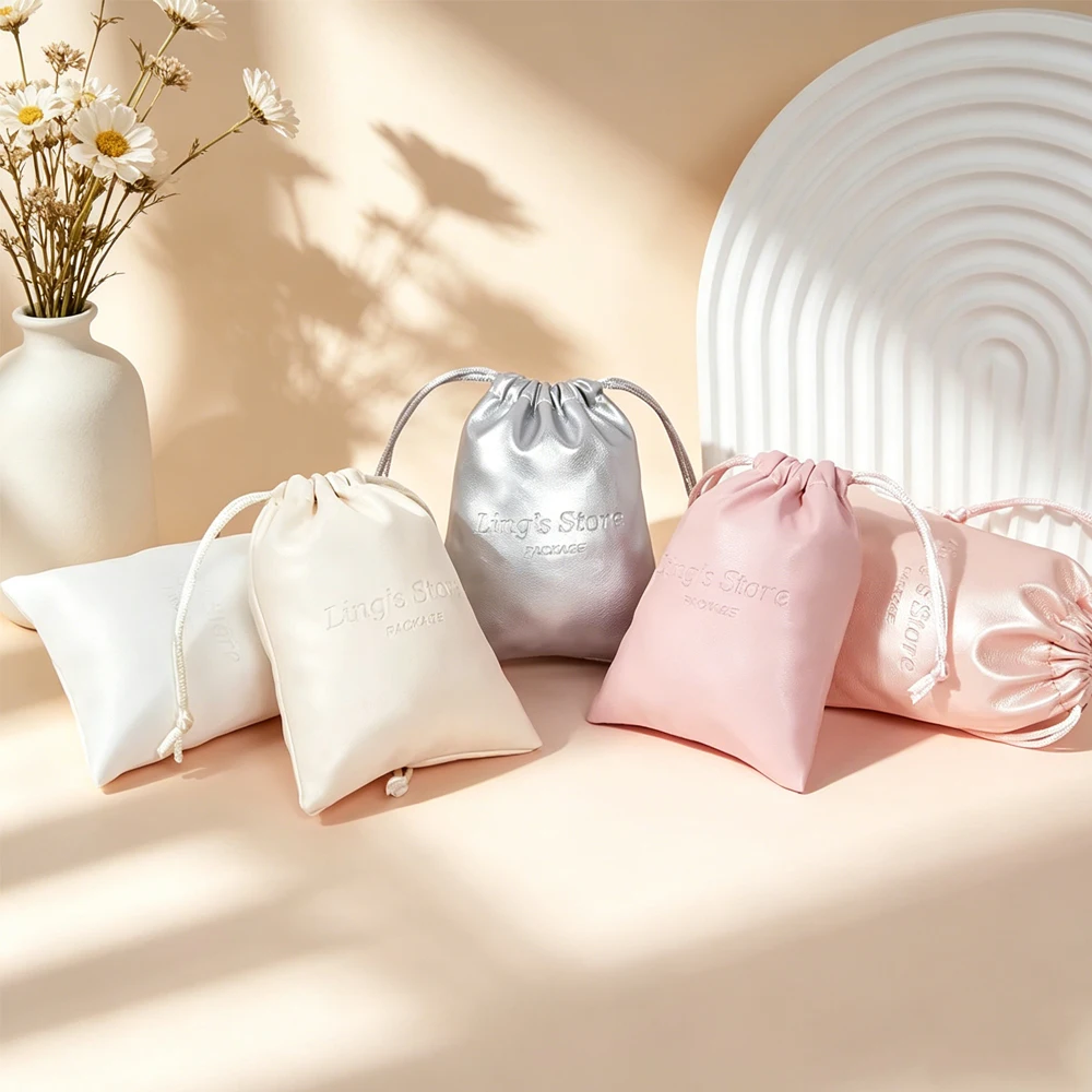 

50/100Pcs Personalized Logo Pu Leather Jewelry Drawstring Bag Ring Earring Bracelet Pendant Cosmetic Wedding Candy Storage Pouch