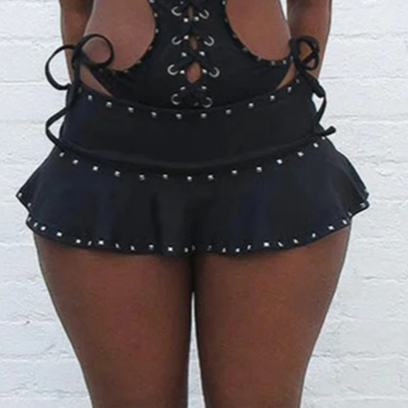 Hip Hop Gothic Street Style Rivet Hipster Short Skirt Summer Low Waist Slim A- line Solid Color Pleated Skirt Y2k Style