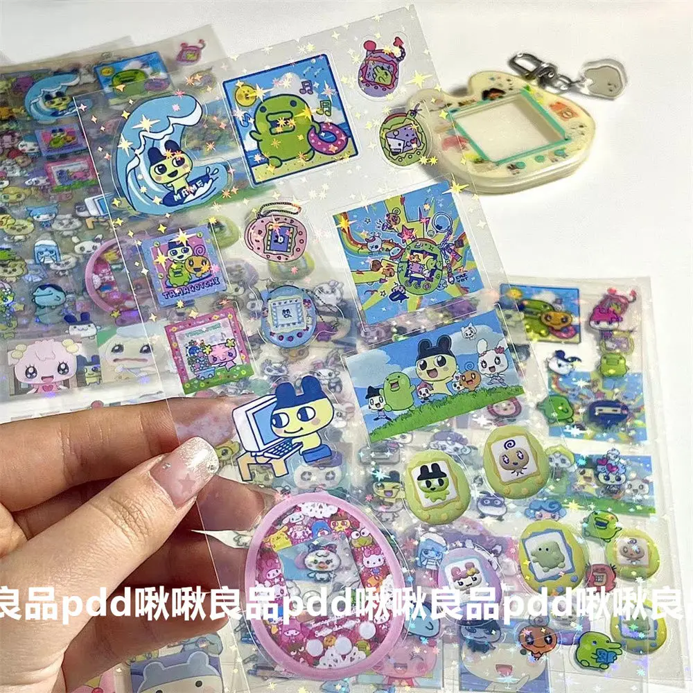 Pegatinas de película Flash láser repetitivas Kawaii Tamagotchi, fundas de teléfono transparentes de dibujos animados, cuaderno, pegatinas decorativas Diy, regalos