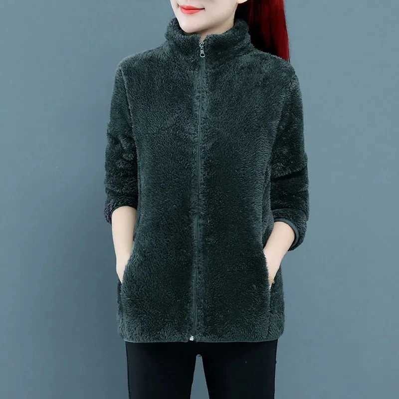 Double-Sided Polar Fleece Coat Women\'s Short Jacket  Autumn Winter Thickened Hairy Warm Outerwear Tops Hoodie Female 4XL